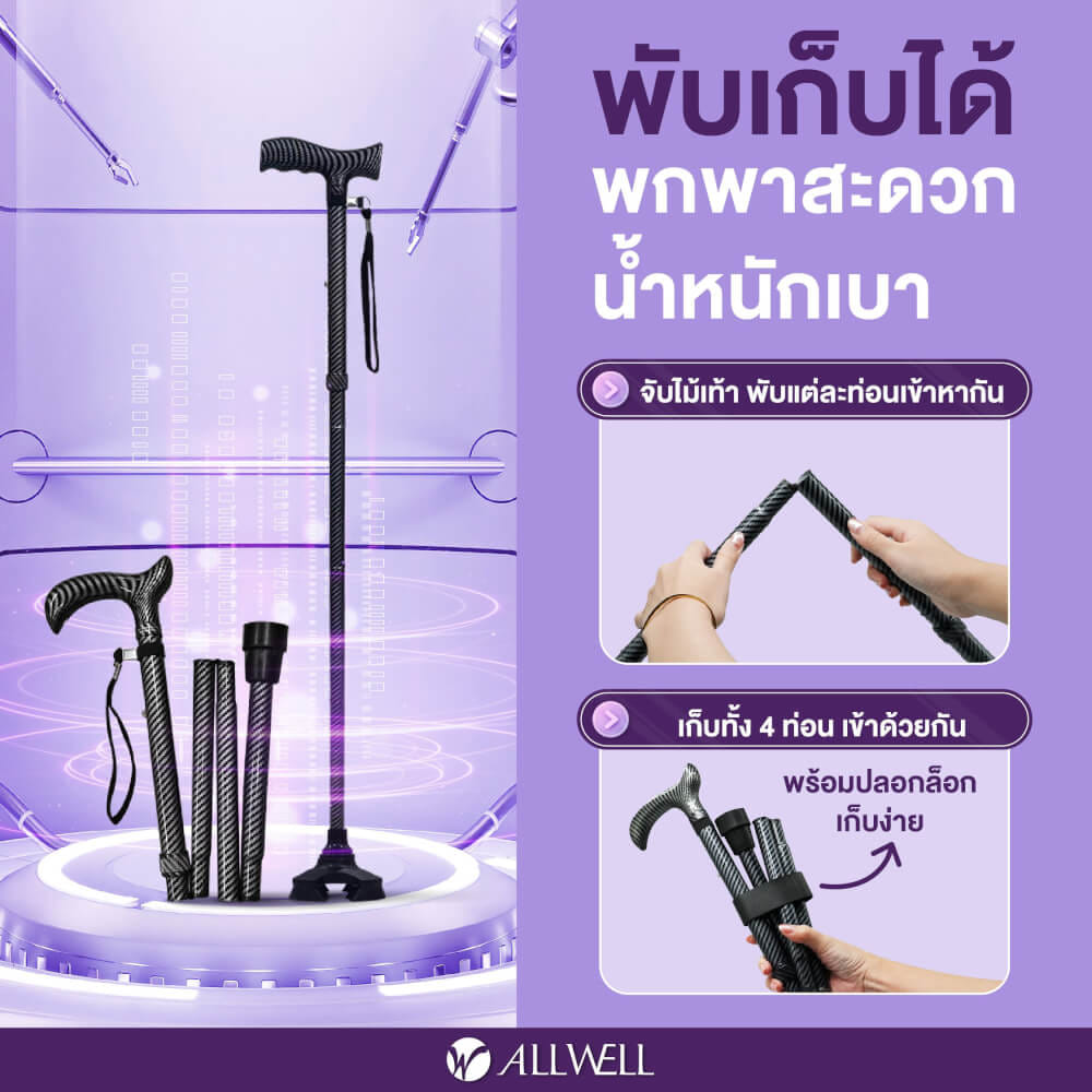 ไม้เท้าช่วยพยุง ALLWELL รุ่น GOLITE4 สีดำ พับเก็บและปรับระดับได้_3